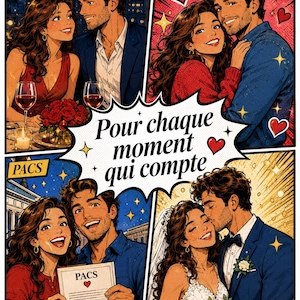 Peut inclure: Illustration de style bande dessin&eacute;e repr&eacute;sentant quatre moments romantiques : anniversaire, Saint-Valentin, PACS et mariage. Chaque sc&egrave;ne met en sc&egrave;ne un couple, avec des bulles de texte indiquant "Pour chaque moment qui compte". L'&oelig;uvre utilise des couleurs vives et des motifs de c&oelig;ur.