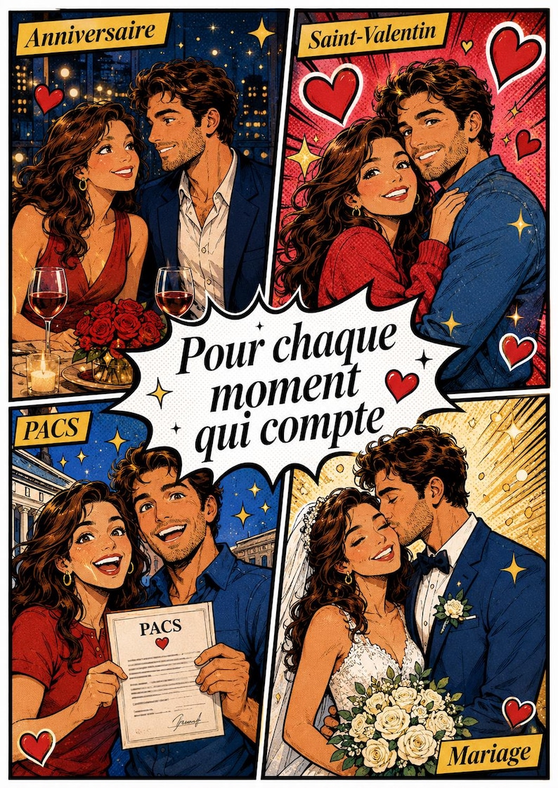 Peut inclure: Illustration de style bande dessin&eacute;e repr&eacute;sentant quatre moments romantiques : anniversaire, Saint-Valentin, PACS et mariage. Chaque sc&egrave;ne met en sc&egrave;ne un couple, avec des bulles de texte indiquant "Pour chaque moment qui compte". L'&oelig;uvre utilise des couleurs vives et des motifs de c&oelig;ur.