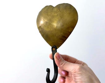 Brass Heart and Wrought Iron Hook Country Farmhouse Entryway Rustic Key Hook Coat Hanger