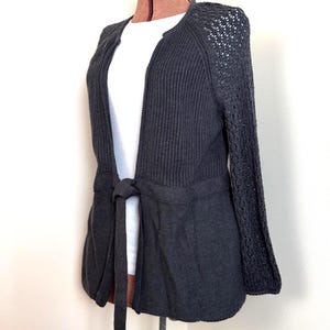 Dark Gray Cardigan with Pointelle Sleeves Open Front Tie Waist Crochet Style Sweater Ballerina Wrap Y2K 2000s Tops - Tahari Women Size S
