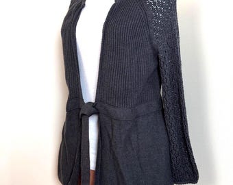 Dark Gray Cardigan with Pointelle Sleeves Open Front Tie Waist Crochet Style Sweater Ballerina Wrap Y2K 2000s Tops - Tahari Women Size S