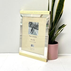 May include: A silver-plated Park Avenue picture frame, sized 8 x 10 inches, with a black and white photo inside. The frame is rectangular with a light-colored border and is leaning against a pink pot with a green plant.