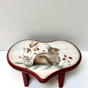 Wooden Heart Shaped Step Stool with Hand Painted Rabbit for Child's Room, Cottagecore Foot Stool Heart Plant Stand