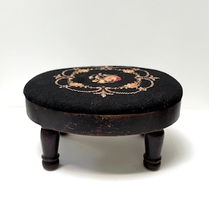 Antique Floral Needlepoint Footstool Antique Needlepoint Dark Wood Footstool with Flowers | Please Read Details for more information