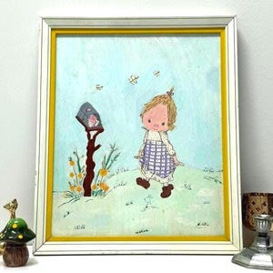 1970s Farmhouse Cottage Core Original Painting Vintage Nursery Art Little Girl Original Acrylic Painting Artist Signed 1976 Acrylic on Wood