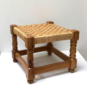 Vintage Woven Rope Wood Foot Stool Jute Rope Woven Stool 1970s Foot Stool Plant Stand