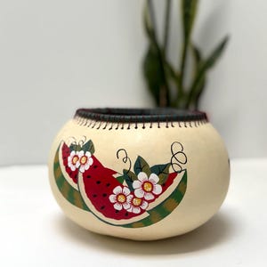 Vintage Hand Painted Gourd Vintage Folk Art Bowl Watermelon and Flowers Artist Signed Folk Art Decorative Hand Painted Gourd Planter