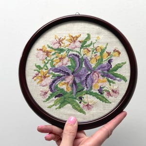 Vintage Round Frame Petite Point Floral Purple Iris Bouquet with Pink and Yellow Flowers