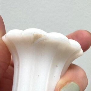 1/4 inch size chip on underside of lip of tall scalloped mouth vase