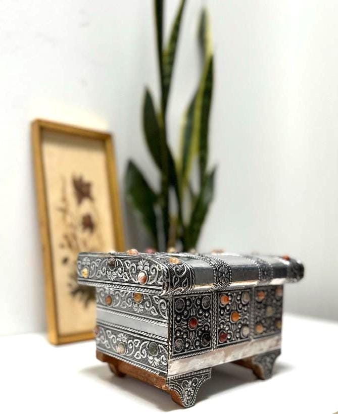 北印度産　玉石　インディアン・カラー・ストーン象嵌　飾箱　共箱　V　R8518 Indian Stone Box - Etsy