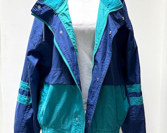 Vintage Members Only Colorblock Windbreaker Jacket with Hood Teal Navy White 1980s Wind Breaker Retro Unisex Style Size Mens XL