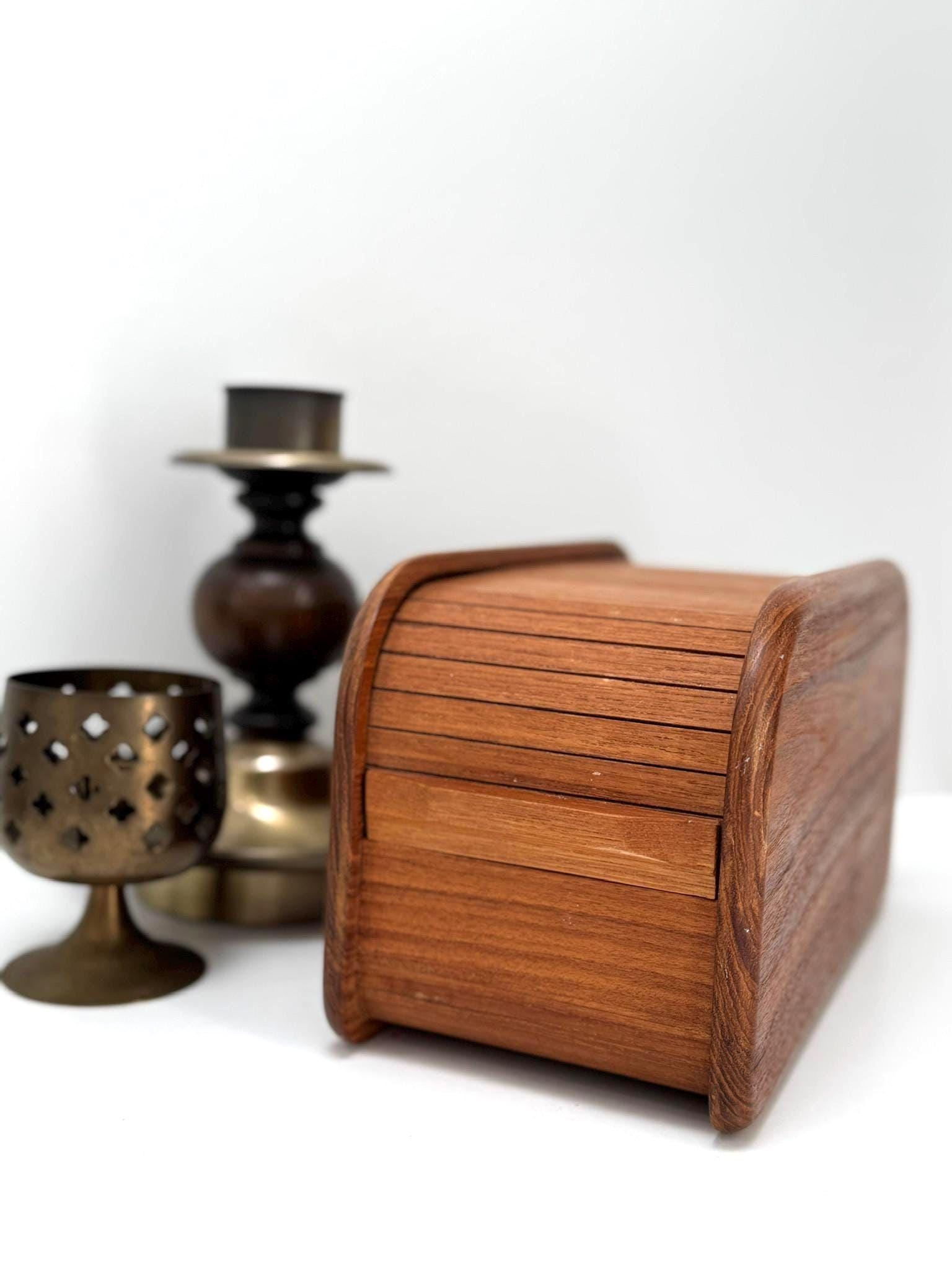 Vintage Teak Tambour Roll Top Desk Storage Vintage Teak Roll Top Cassette Storage Boxes Vintage MCM Danish Roll Top Box 10.5 x 5 x 5 inches