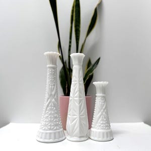 May include: Three white, decorative vases of varying heights. The vases have textured geometric patterns and flared tops. A potted plant with green and yellow leaves is in the background, adding a touch of natural color to the composition.