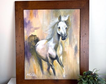 Running White Horse Original Painting, Vintage Framed Artwork Artist Signed - 16 x 20 Canvas 25 x 21 Frame