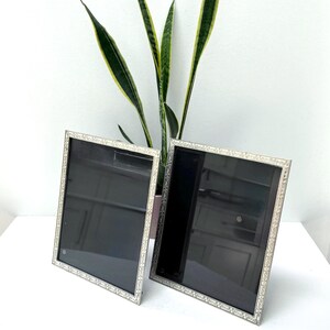May include: Two rectangular silver picture frames with black interiors. The frames have a decorative, patterned border. A green and yellow plant is in the background. The frames are on a white surface.