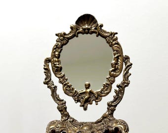Vintage sierlijke draaibare make-upspiegel, kleine messing rococo-stijl Cherub tafelblad spiegel antiek Frans modern traditioneel decor