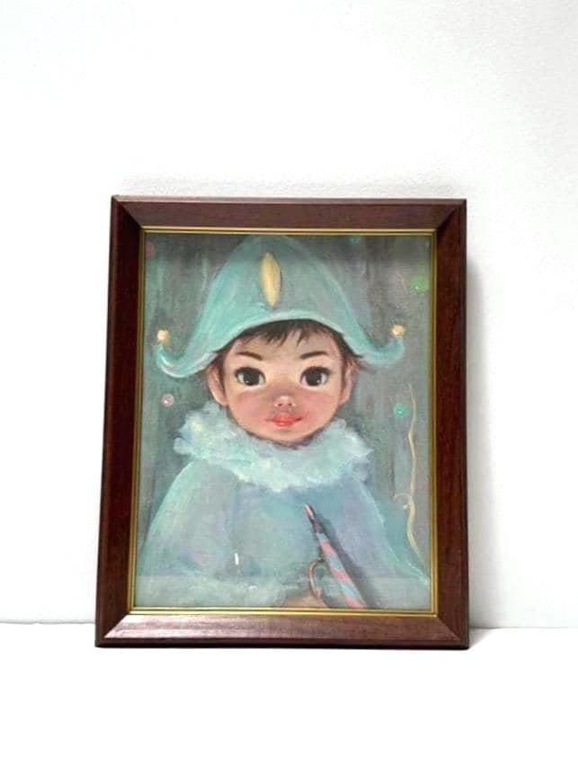 1960s Big Eyes Harlequin Wall Art Litho by Sherle Gigi Kitschy