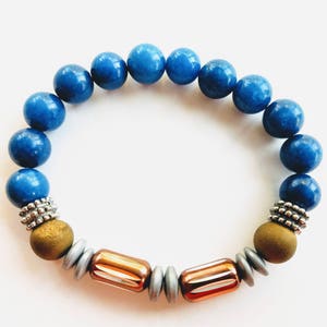 Blue Jade Men&#39;s Beaded Bracelet. Blue and Bronze  Stretch Bracelet. Agate. Gift for Him. Unique Men&#39;s Bracelet. Stylish Men&#39;s Bracelet.
