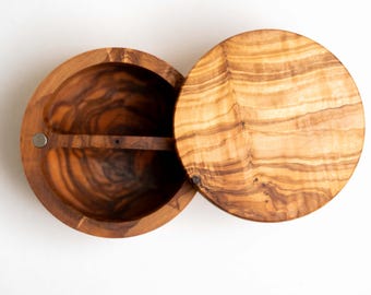 Handmade Olive Wood Salt and Pepper Cellar with Lid - Rustic Spice Keeper - Farmhouse Style Salt and Pepper Box - Housewarming gift