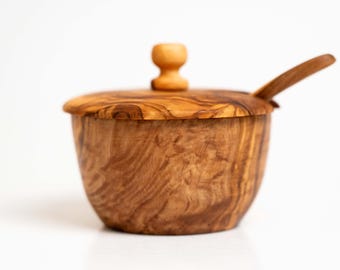 Handmade Olive Wood Sugar Bowl, Wooden Sugar Container with Lid & Spoon, Coffee Bar Accessory, Housewarming Gift
