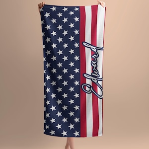 Custom Name Beach Towel with USA Flag Design, Personalized Patriotic Pool Towel, 4th of July Gift Idea, Summer Vacation Towel