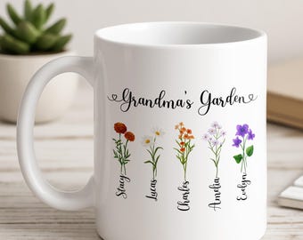 Personalized Grandmas Garden Ceramic Mug, Custom Kids Names With Birth Flower Coffee Cup, Mothers Day Gift