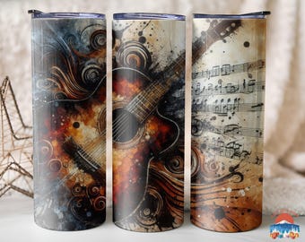 Guitar Music Theme Tumbler, Artistic String Instrument Design, Stylish Drinkware for Musicians, Songwriters