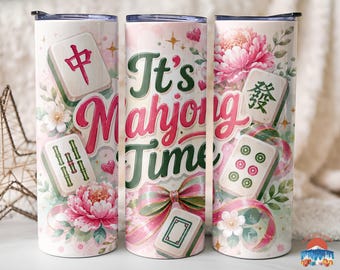 It’s Mahjong Time Skinny Tumbler, Mahjong Player Gift, Funny Floral Coffee Cup, Game Night Gift