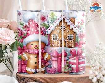 Pink Gingerbread Man 20oz Skinny Tumbler,  Christmas Gingerbread House Coffee Cup, Holiday Gift