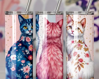 Patterned Cats Skinny Tumbler, Floral Cat Lover Gift, 20oz or 30oz Animal Coffee Cup, Cat Mama Drinkware