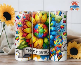 Autism Awareness Sunflower Tumbler 20oz, Its Ok To Be Different Gift Coffee Cup, Puzzle Piece Ribbon Skinny Tumbler with Straw