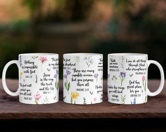 Floral Christian Ceramic Mug, Inspirational Bible Verse Scripture, Wildflower Birthday Gift for Mom, Botanical Faith Coffee Lover 11oz Cup