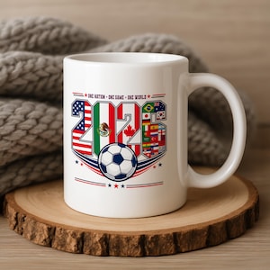 Taza de cerámica "Fútbol 2026: Una Nación, Un Partido, Un Mundo", taza de café para el torneo de fútbol. imagen 1