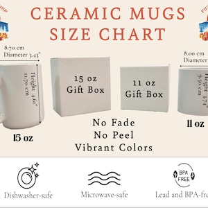 Puede incluir: Una tabla de tama&ntilde;os de tazas de cer&aacute;mica que muestra una taza de 15 oz con 11,70 cm de altura y 8,70 cm de di&aacute;metro, una taza de 11 oz con 9,50 cm de altura y 8,00 cm de di&aacute;metro, cajas de regalo y el texto No Fade, No Peel, Vibrant Colors.