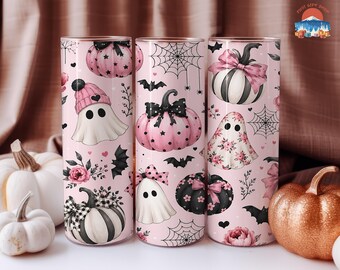 Pink Halloween Floral Tumbler, Cute Ghost Fall Coffee Cup, Girly Autumn Pumpkin Sip Gift