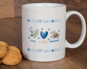 Happy Hanukkah Menorah Mug, Peace Love Jewish Coffee Cup, Star of David Holiday Gift