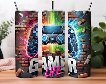 Video Gamer Tumbler, Controller Gaming Tumbler, Gamer Life Skinny Tumbler, Gamer Tumbler with Straw, Tumbler Gift for Boys