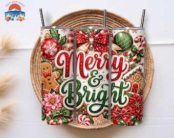 Merry and Bright 20oz Skinny Tumbler, Festive Christmas Gingerbread Coffee Ceramic Cup