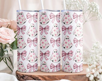 Pink Ghost Floral Halloween Tumbler, Coquette Bow Coffee Cup, Spooky Insulated Tumbler with Straw