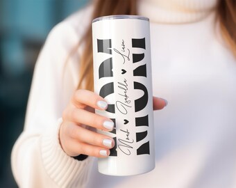 Personalized Mom Tumbler with Kids Names, Custom Mothers Day Stainless 20oz Skinny Tumbler, Mom Birthday Gift