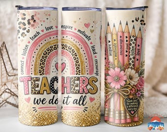 Teacher Leopard Skinny Tumbler, Pencil Teacher Appreciation Gift, 20oz Stainless Steel Tumbler with Straw