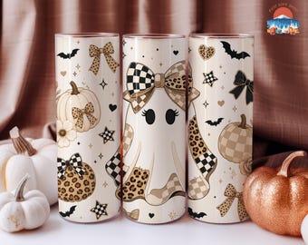 Cute Halloween Ghost 20oz Skinny Tumbler, Coquette Bow Leopard Pumpkin Coffee Cup