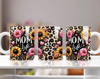 Mom Life Leopard Sunflower Mug 11oz 15oz, Floral Mama Coffee Cup, Mothers Day Gift for Mom, Flower Birthday Present