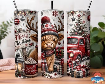 Highland Cow Christmas 20oz Skinny Tumbler, Rustic Red Truck Holiday Cup, Winter Farm Animal Gift