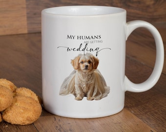 Taza de cerámica con foto personalizada de tu mascota, regalo de compromiso para ella, "Mis humanos se casan", retrato de perro personalizado, regalo para papá.