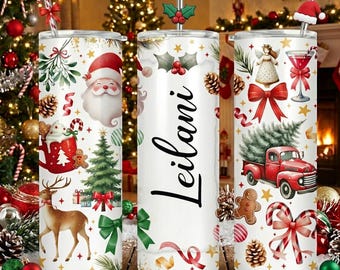 Personalized Christmas Tumbler, Custom Santa Snowman Reindeer Cup, Red Truck Gift