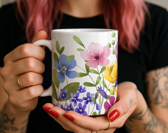 Wildflower Coffee Mug 11oz 15oz, Boho Cottagecore Floral Ceramic Mug, Botanical Tea Cup, Nature Lover Gift, Mothers Day Cup