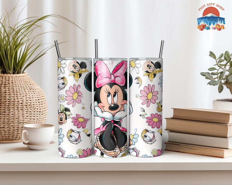 Minnie Mouse Floral 20 oz Skinny Tumbler, Disney Girly Coffee Cup, Daisy Duck Flower Stainless Tumbler with Straw image 6