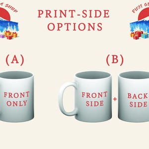 Puede incluir: Dos tazas de cer&aacute;mica blanca que muestran las opciones de impresi&oacute;n. La opci&oacute;n A muestra una taza con el texto FRONT ONLY. La opci&oacute;n B muestra dos tazas etiquetadas como FRONT SIDE y BACK SIDE con un signo m&aacute;s. El logo Fuji Gift Shop est&aacute; arriba.