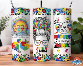 Autism Mom Stainless Tumbler with Straw, Autism Awareness 20 Oz Skinny Coffee Cup,  Messy Bun Puzzle Mama Mothers Day Gift